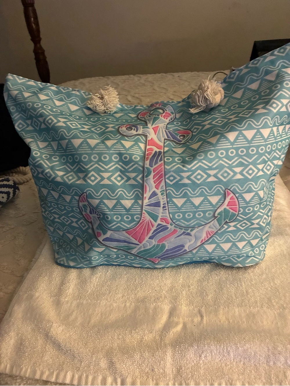 Pre-owned vibrant Turquoise Boho-style Geometric canvas Anchor beach Tote Bag